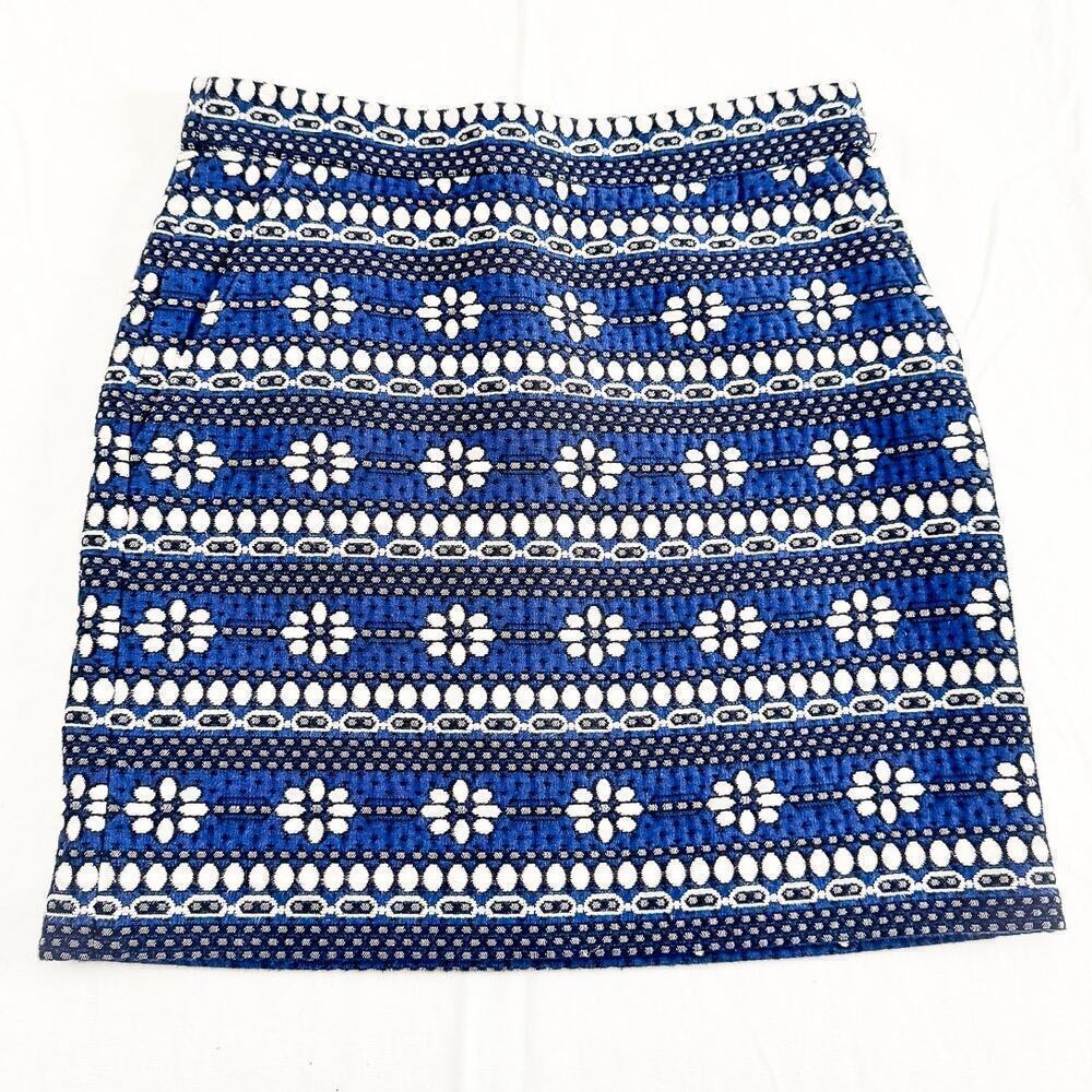 J. Crew Navy Blue Embroidered Blue/White Pattern Pencil Mini Skirt Size 0